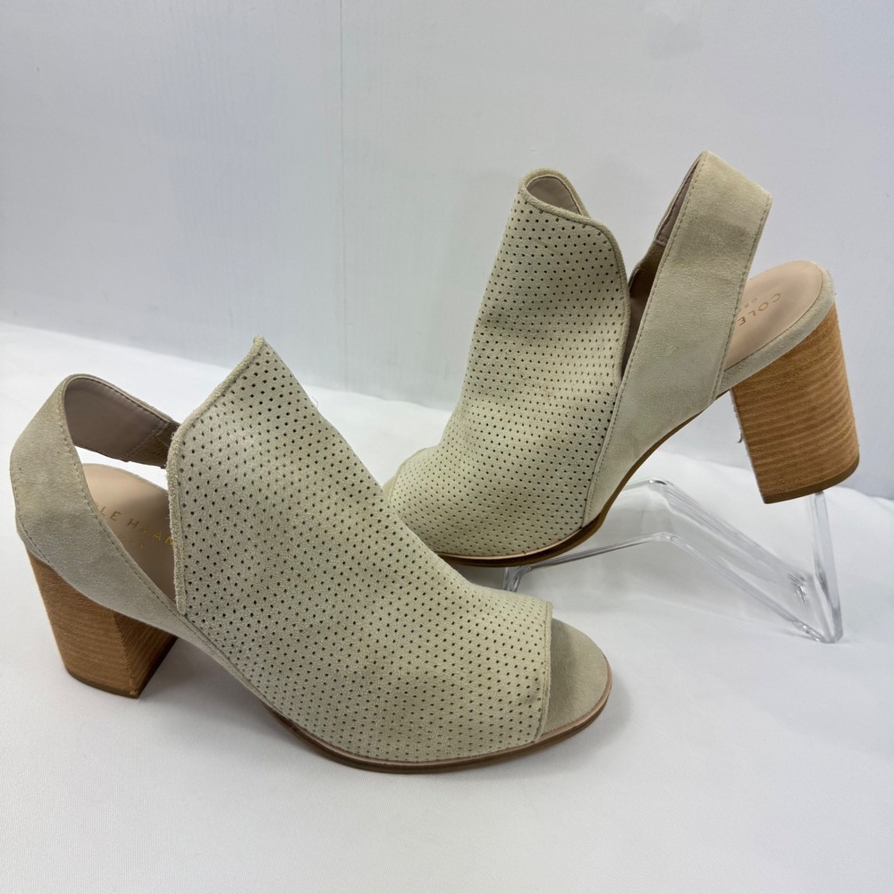 Cole Haan Grand.OS Women Beige Perforated Suede Block Heel Sandals W14726 Sz 9B